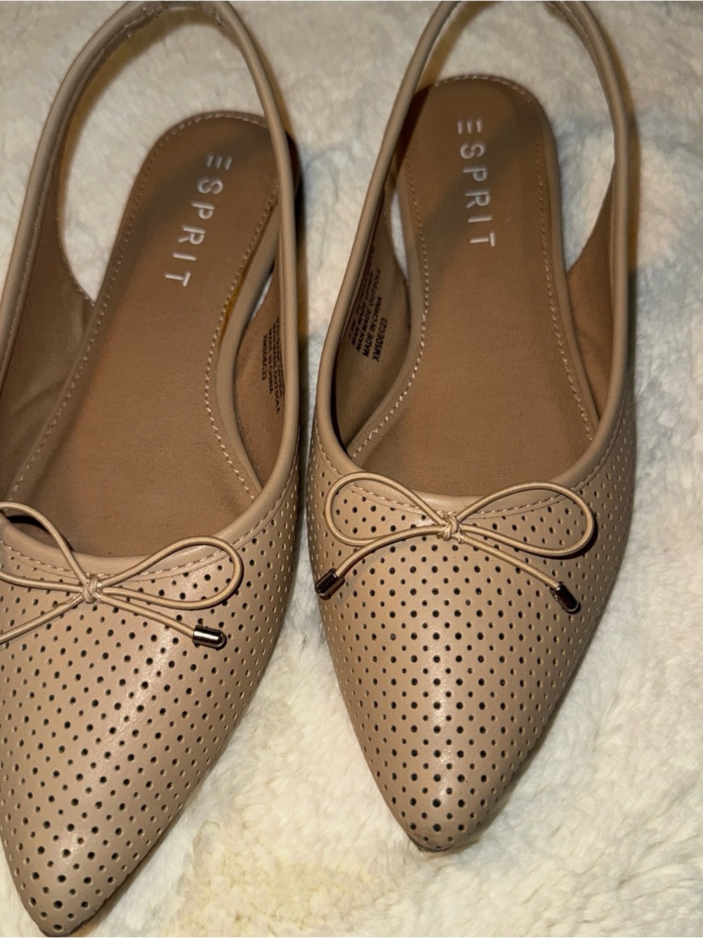 Esprit Beige Pointed Perforated Slingback Flats with Bow